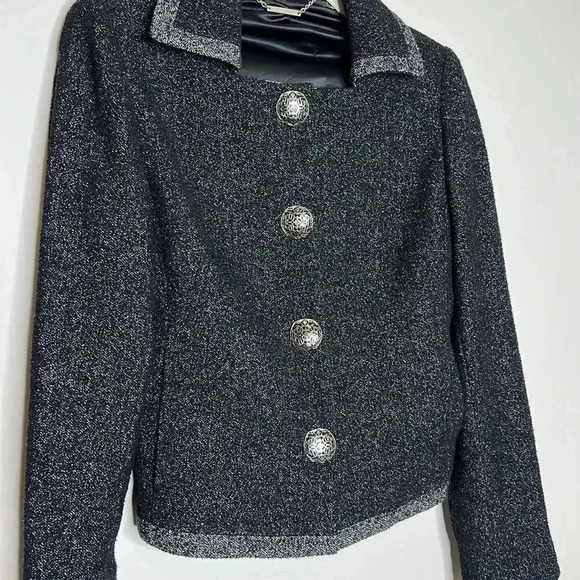 Elie Tahari Black Silver Buttoned Mottled Tweed Jacket - Picture 7 of 10